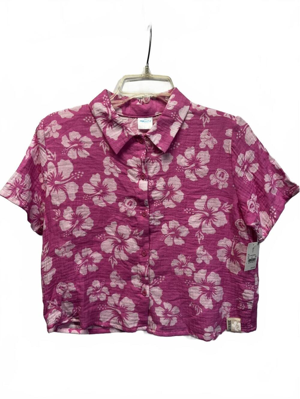 Disney Minnie Mouse Cropped Hawaiian Pink Button-up Floral Shirt Size Girls XL